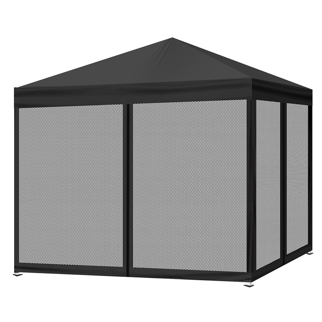 Mountview Gazebo Pop Up Marquee 3x3m with mesh side walls, ideal for outdoor events and weddings, showcasing its sturdy steel frame and waterproof fabric.