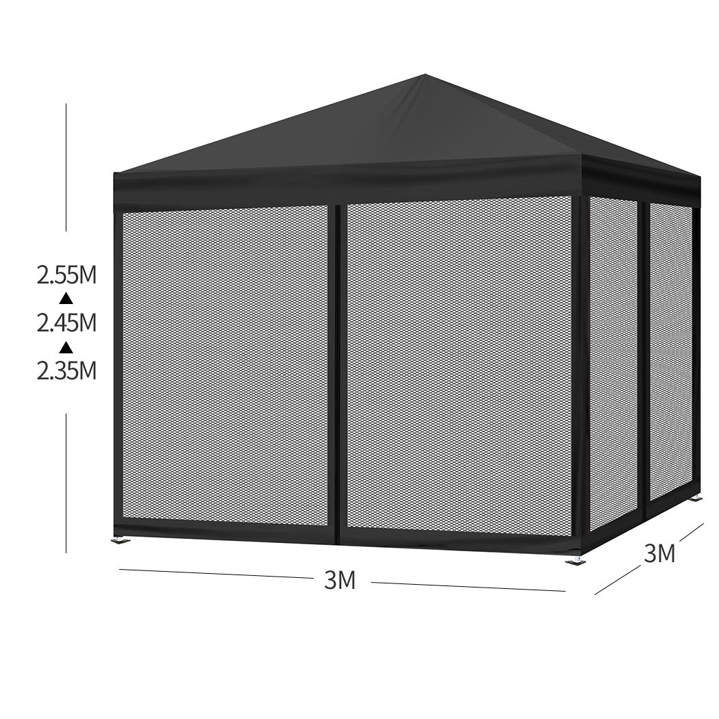 Mountview Gazebo Pop Up Marquee 3x3m with mesh side walls, ideal for outdoor events and weddings, showcasing its sturdy steel frame and waterproof fabric.
