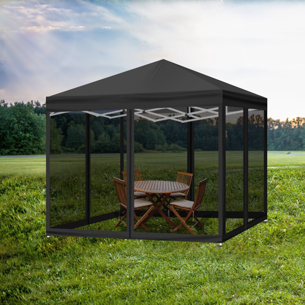 Mountview Gazebo Pop Up Marquee 3x3m with mesh side walls, ideal for outdoor events and weddings, showcasing its sturdy steel frame and waterproof fabric.