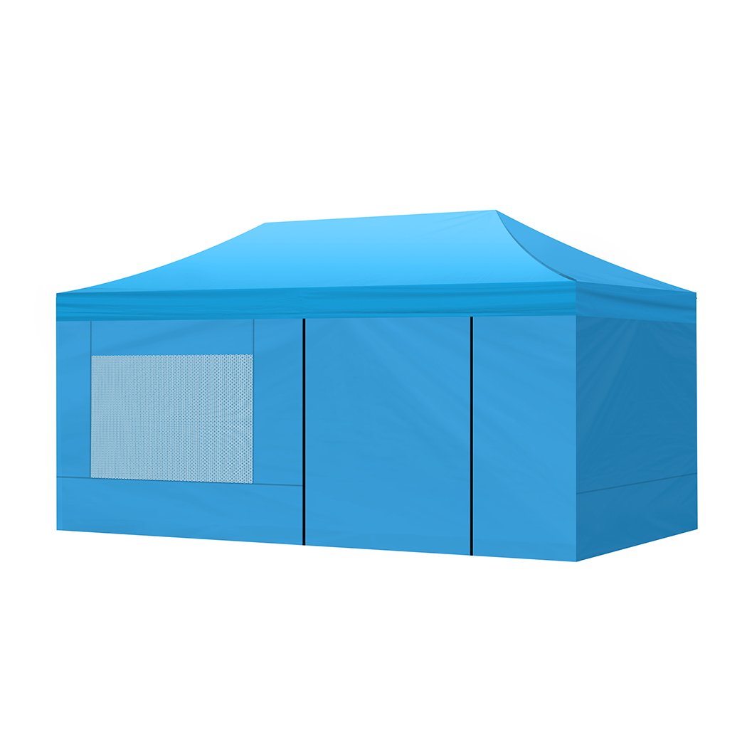 Mountview Gazebo Tent 3x6 with blue canopy and mesh walls, set up outdoors for camping or events.