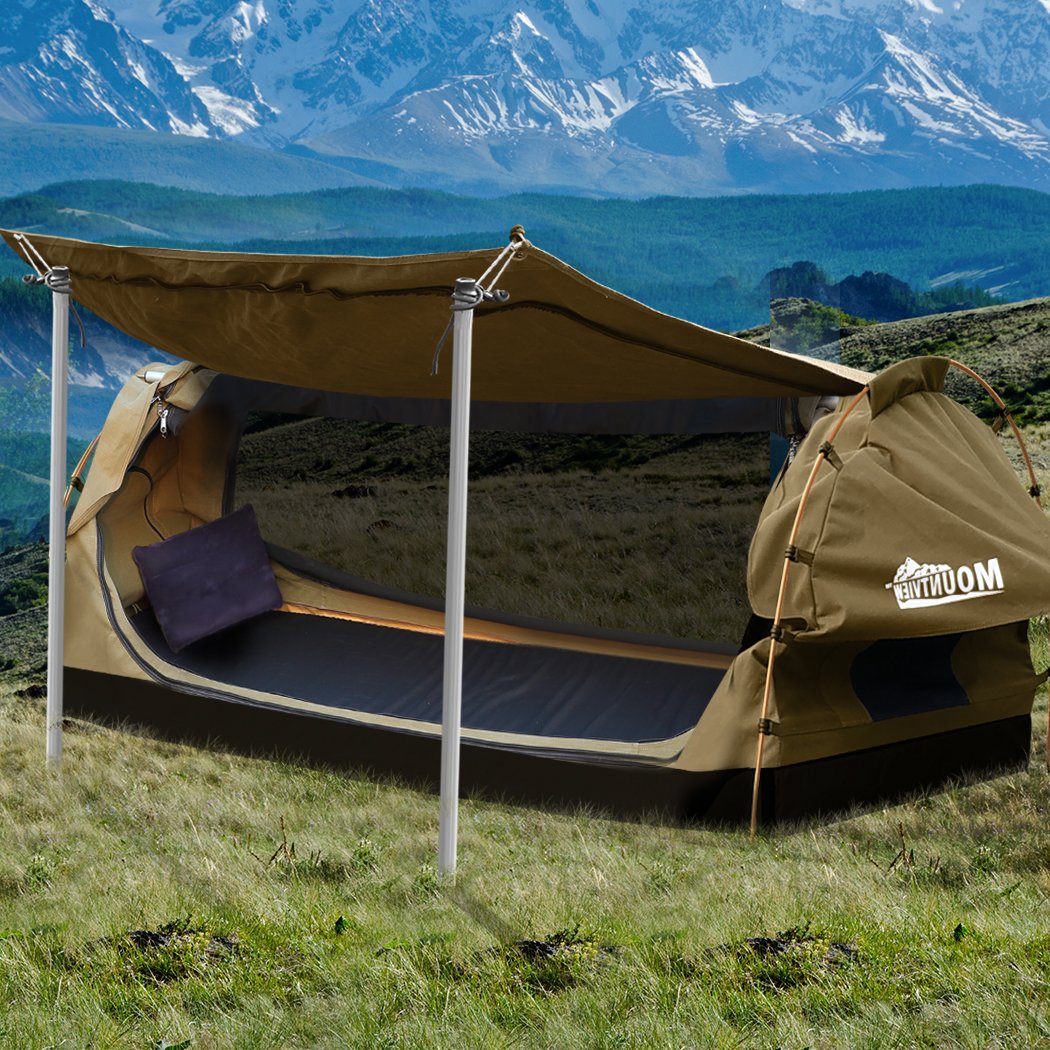 Mountview King Single Swag Camping Swag featuring a khaki canvas design, durable aluminum poles, and a spacious interior for comfortable outdoor sleeping.