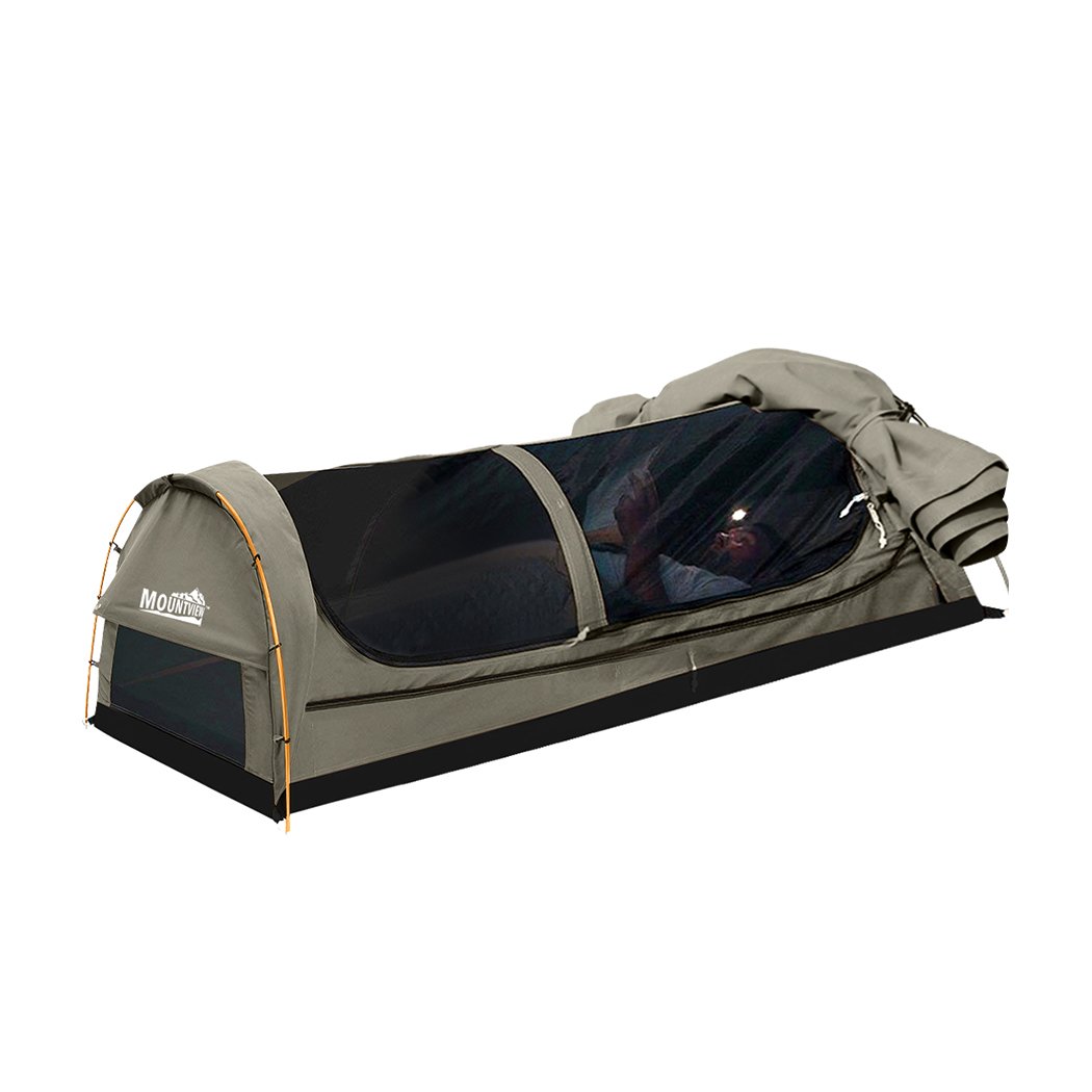 Mountview King Single Swag Camping Swag featuring a grey canvas dome tent with a high-density foam mattress and inflatable pillow, ideal for outdoor adventures.