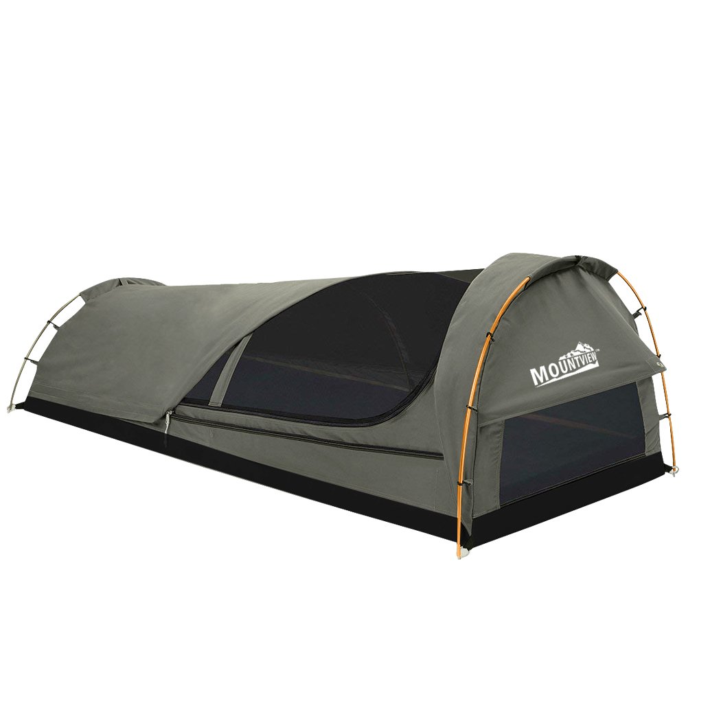 Mountview King Single Swag Camping Swag featuring a grey canvas dome tent with a high-density foam mattress and inflatable pillow, ideal for outdoor adventures.