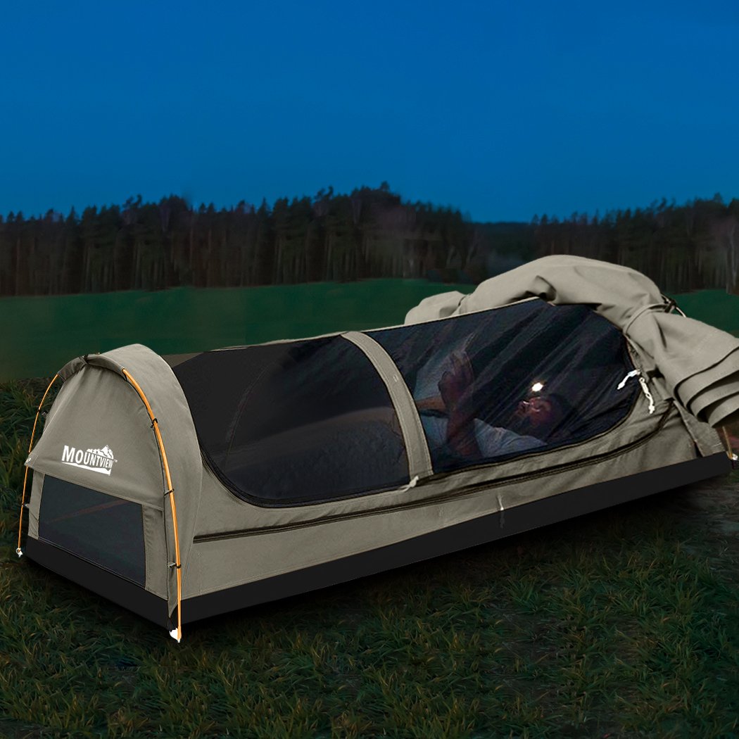 Mountview King Single Swag Camping Swag featuring a grey canvas dome tent with a high-density foam mattress and inflatable pillow, ideal for outdoor adventures.