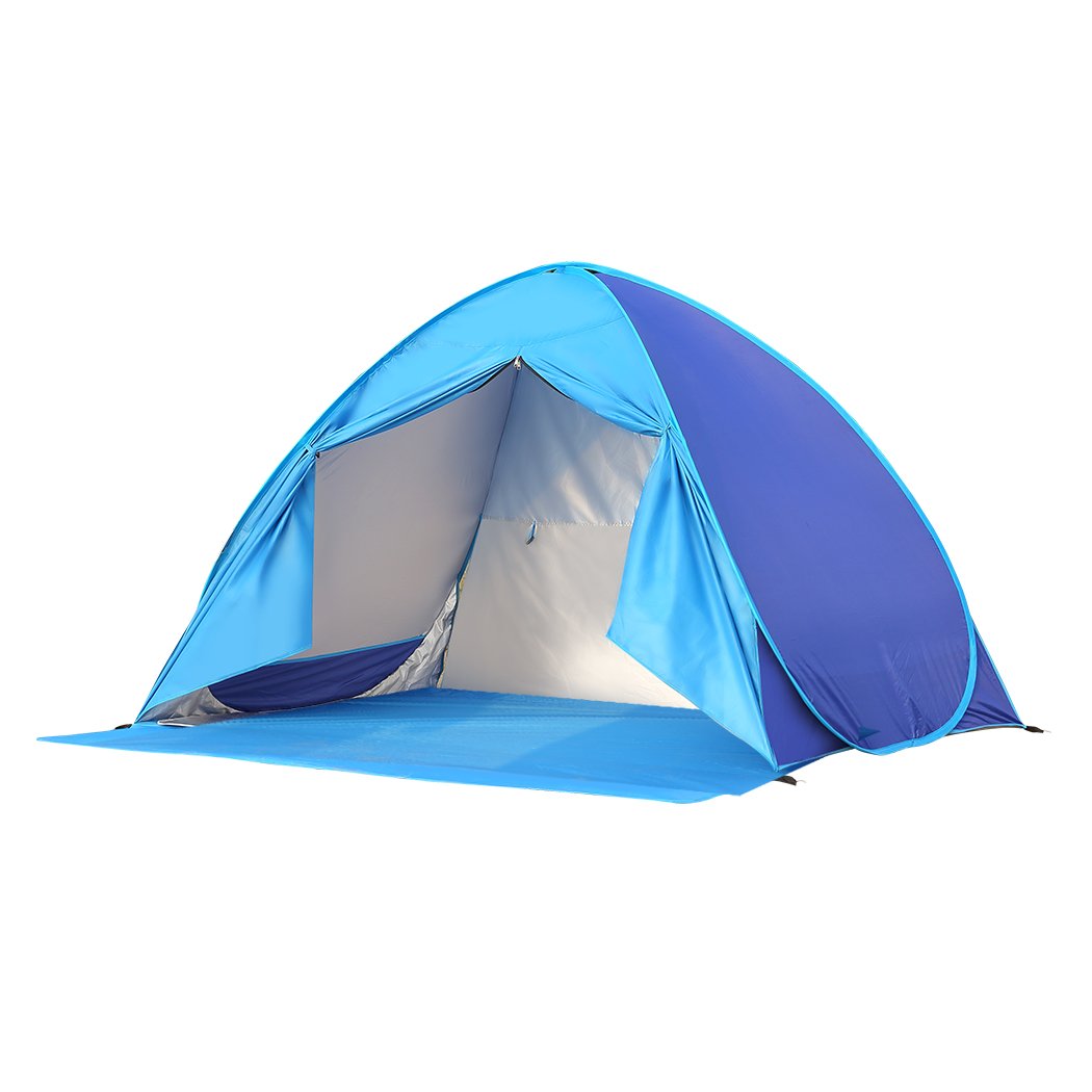 Mountview Pop Up Camping Tent for 2-3 people, featuring a silver-coated fabric for UV protection and a spacious interior with a zippered door.