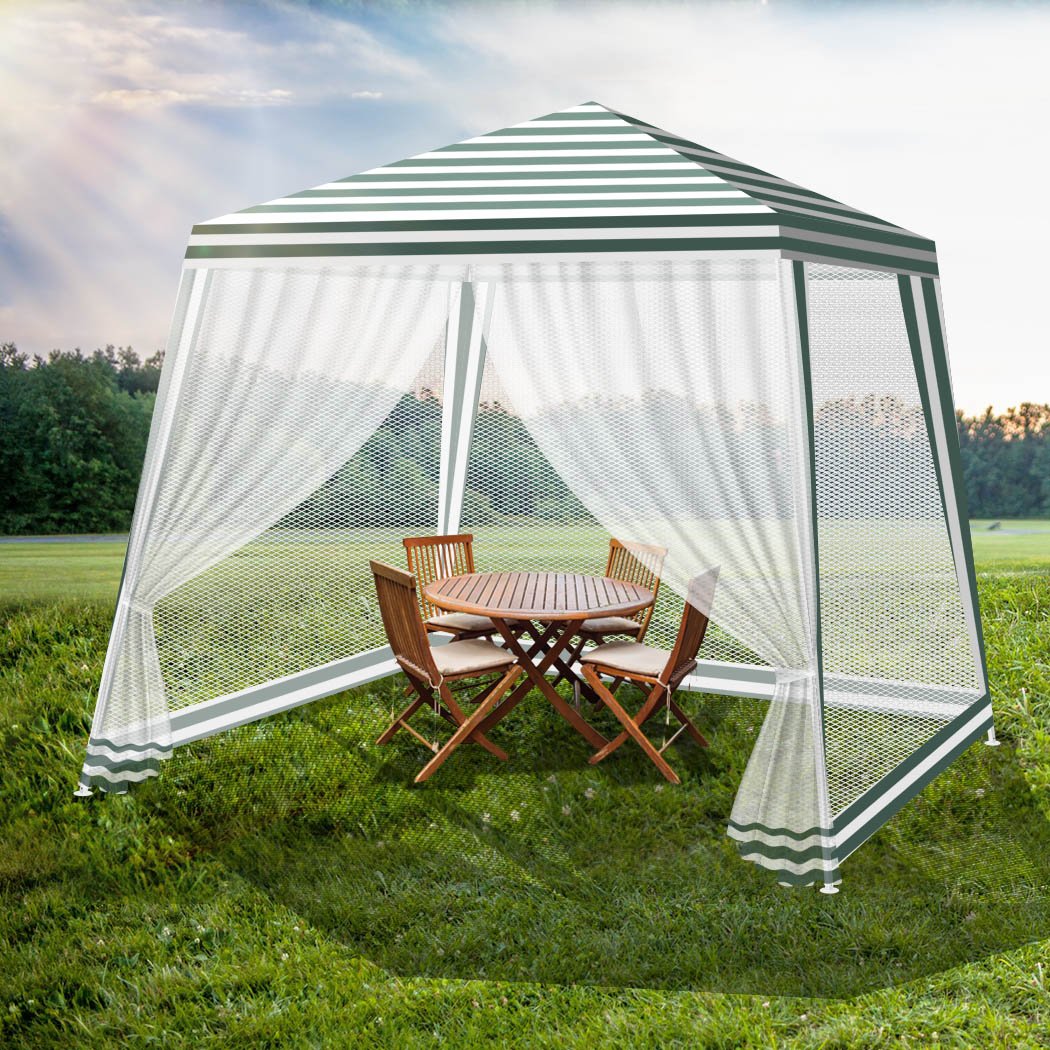 Mountview Pop Up Marquee Gazebo 3x3m with mesh sides, perfect for outdoor events and weddings, showcasing a sturdy steel frame and elegant design.