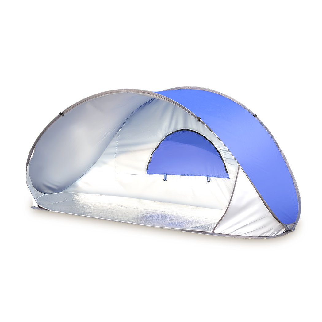 Mountview Pop Up Tent in blue color, designed for 2-3 people, showcasing its instant setup and spacious interior for outdoor activities.