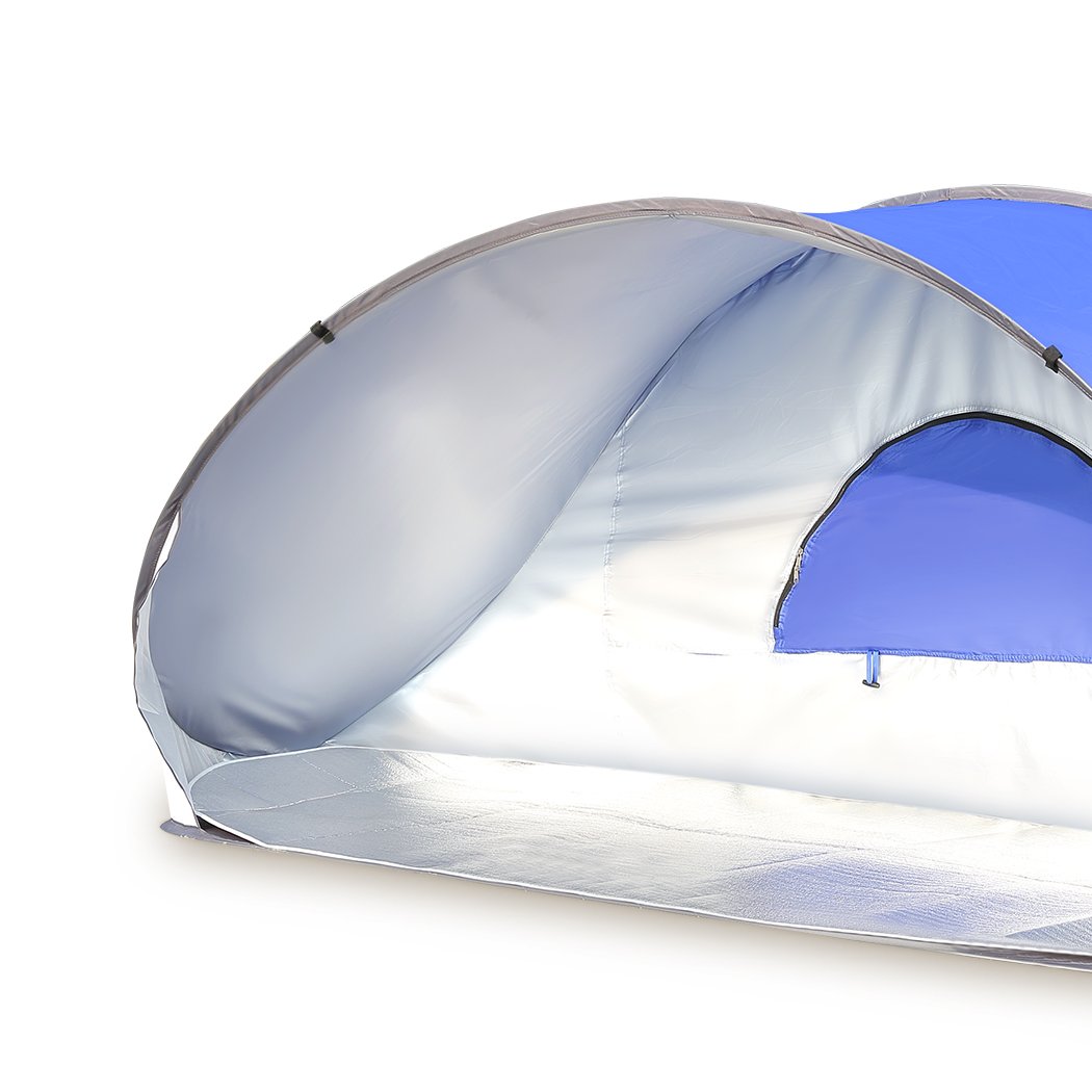 Mountview Pop Up Tent in blue color, designed for 2-3 people, showcasing its instant setup and spacious interior for outdoor activities.