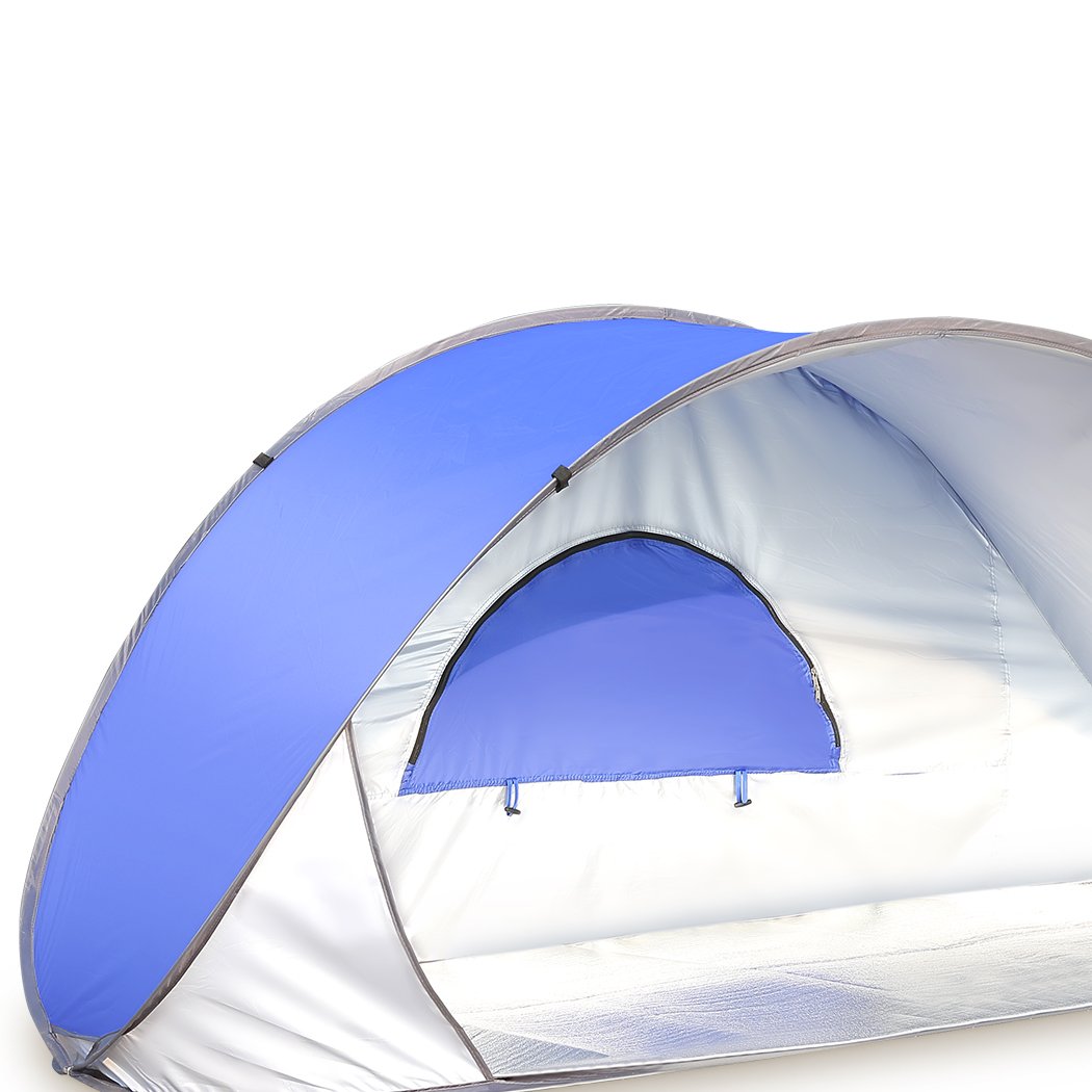 Mountview Pop Up Tent in blue color, designed for 2-3 people, showcasing its instant setup and spacious interior for outdoor activities.