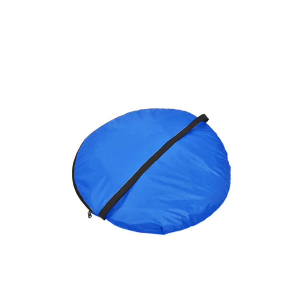 Mountview Pop Up Tent set up on a beach, spacious enough for 2-3 people, featuring a blue color and surrounded by sand and beach scenery.