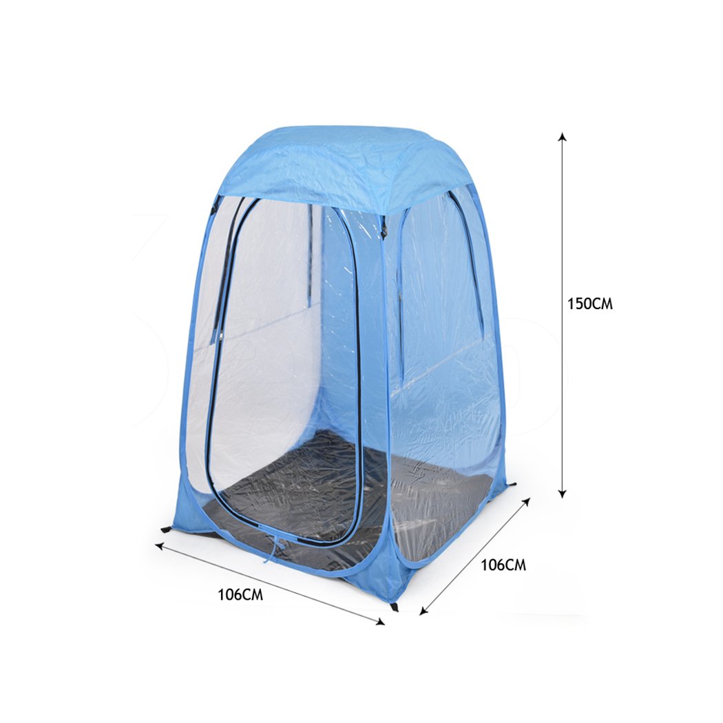 Mountview Pop Up Tent in blue color, showcasing its portable design and durable construction, ideal for camping and outdoor activities.