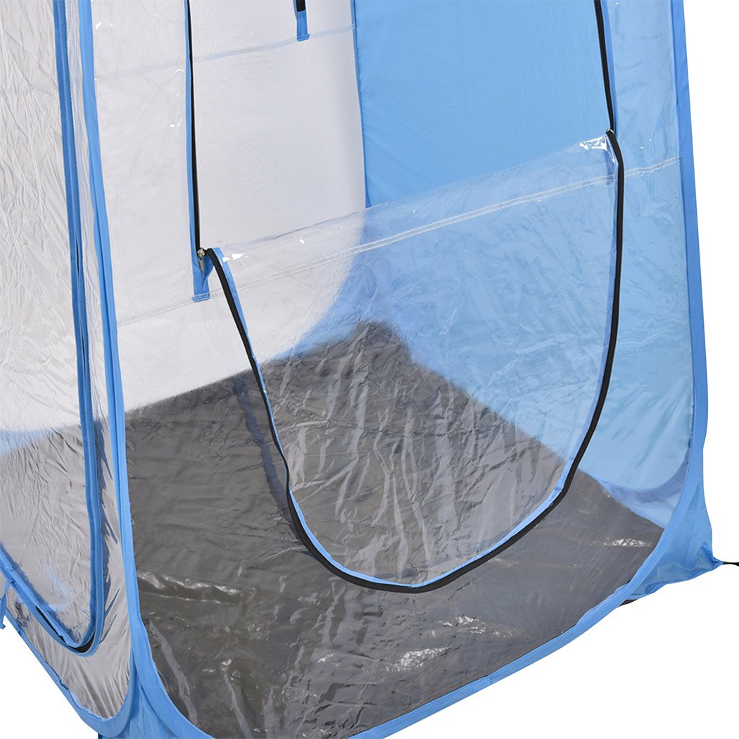 Mountview Pop Up Tent in blue color, showcasing its portable design and durable construction, ideal for camping and outdoor activities.