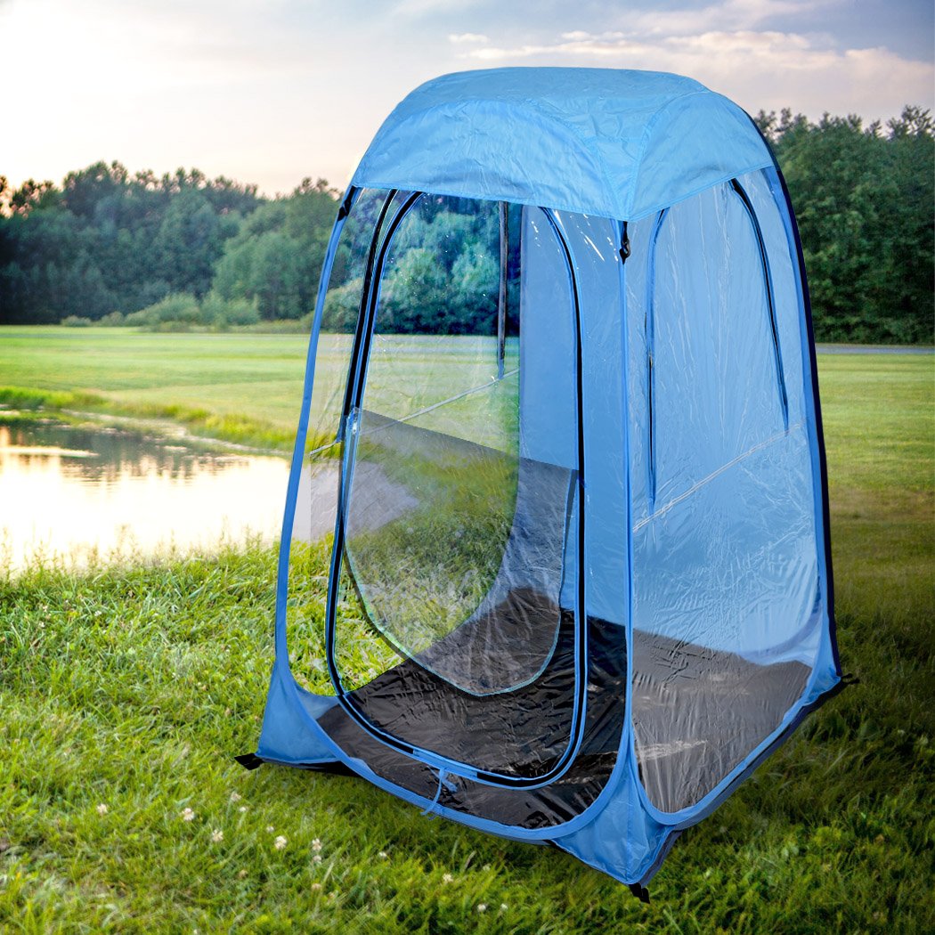 Mountview Pop Up Tent in blue color, showcasing its portable design and durable construction, ideal for camping and outdoor activities.