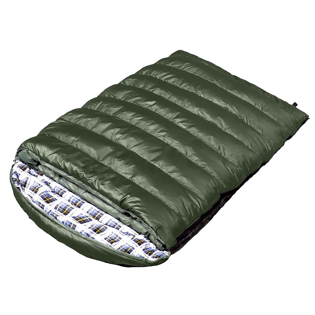 Mountview Double Sleeping Bag in army green, spacious design for two adults, ideal for cold weather camping.