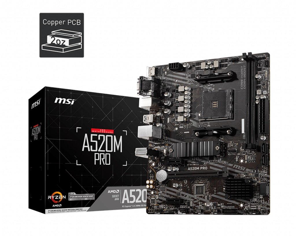MSI A520M PRO AMD M-ATX Motherboard with dual DDR4 slots and multiple connectivity options.