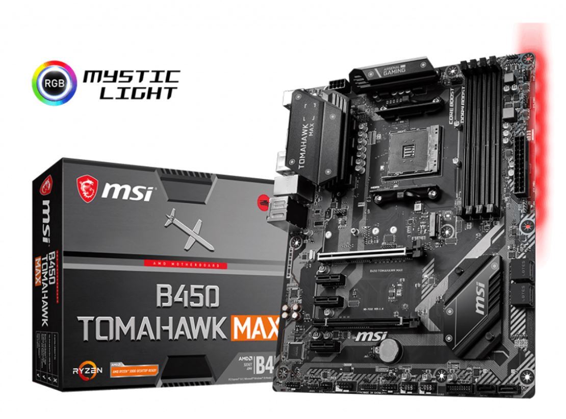 MSI B450 TOMAHAWK MAX AM4 Ryzen ATX motherboard showcasing its ports and slots for enhanced gaming performance.