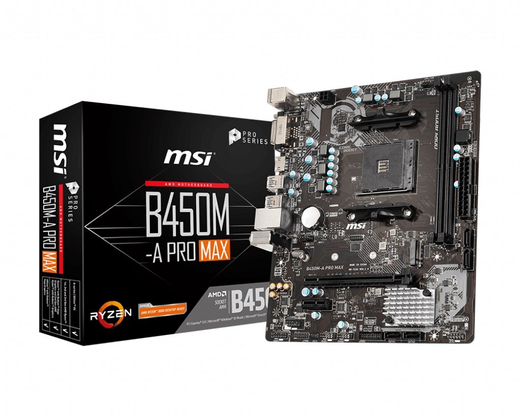 MSI B450M-A PRO MAX AMD M-ATX Motherboard showcasing its sleek design and multiple connectivity options.