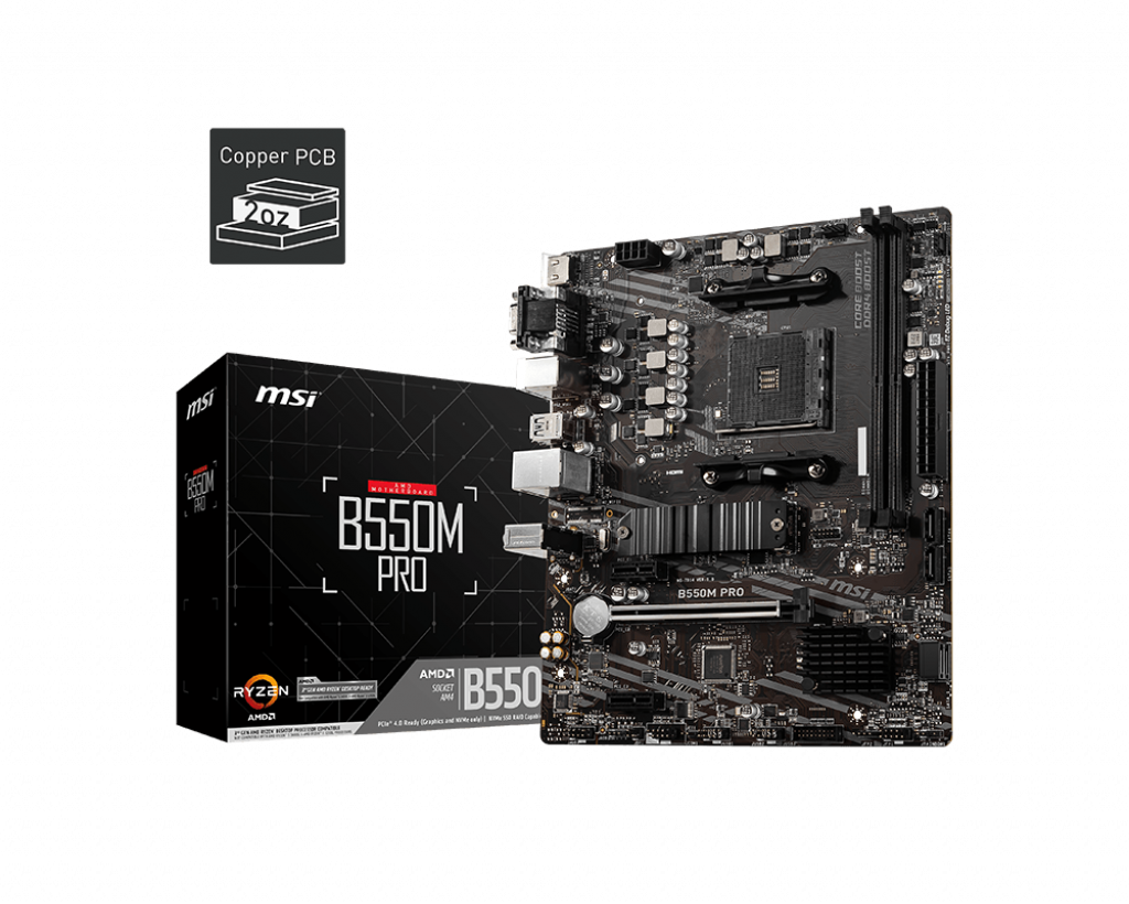 MSI B550M PRO Motherboard featuring AMD Ryzen AM4 support, DDR4 slots, and advanced connectivity options.