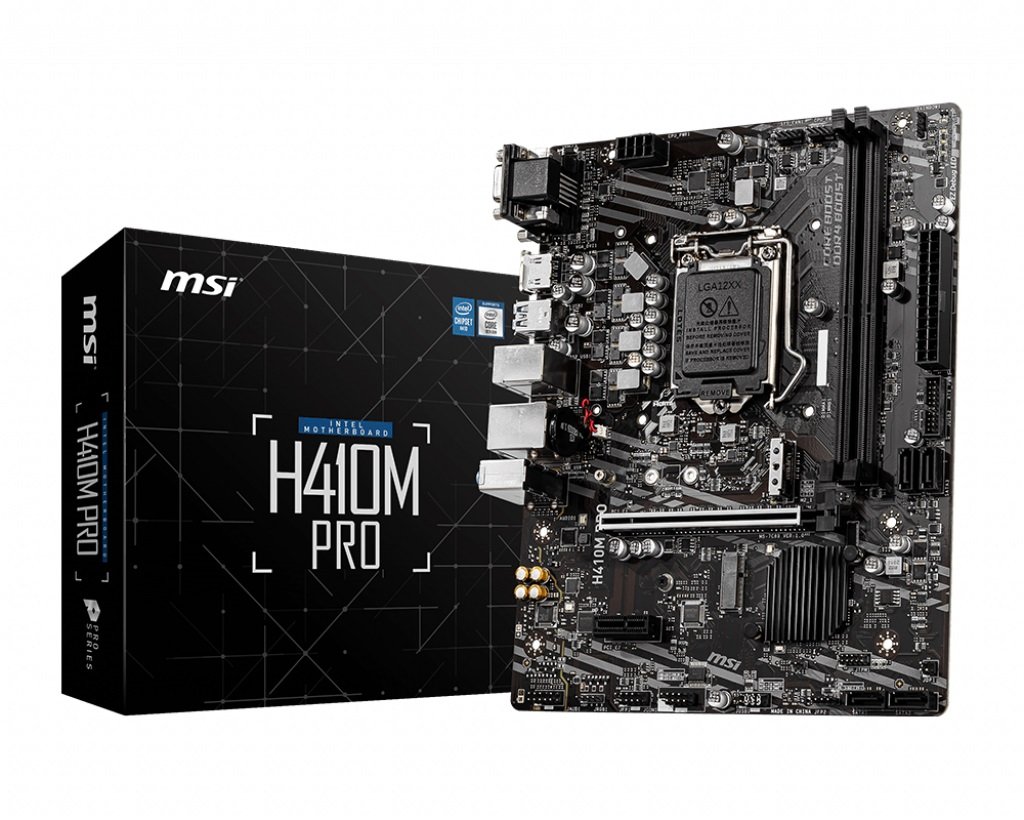 MSI H410M-PRO motherboard featuring LGA1200 socket, dual DDR4 slots, and multiple connectivity options.