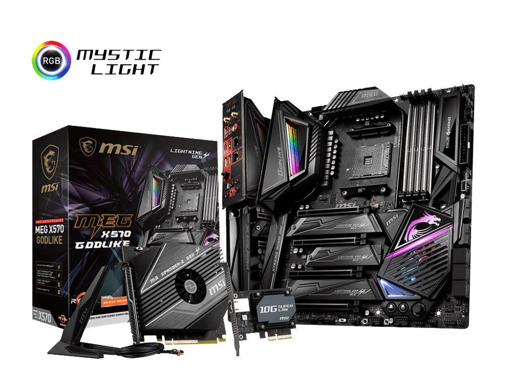 MSI MEG X570 GODLIKE WIFI Ryzen AM4 E-ATX Motherboard showcasing its advanced features and sleek design.