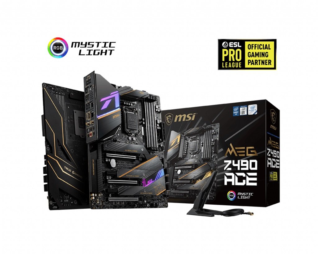 MSI MEG Z490 ACE motherboard showcasing advanced cooling, RGB lighting, and multiple connectivity options.