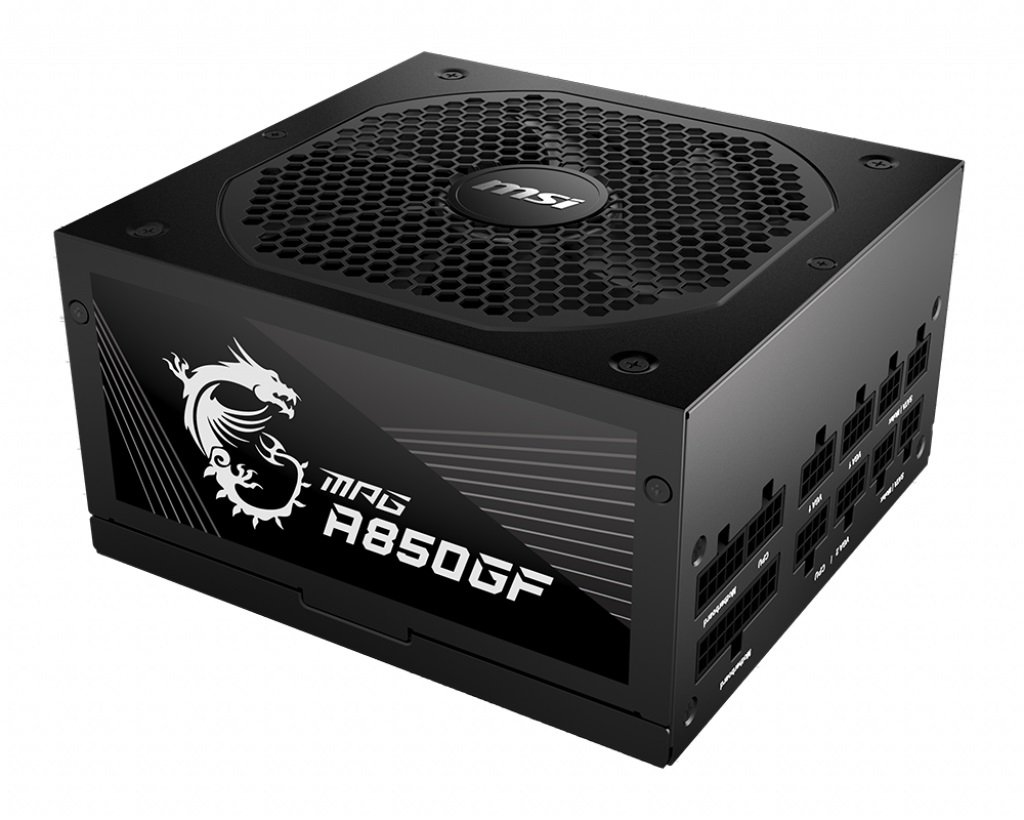 MSI MPG A850GF 850W ATX Power Supply Unit with 80 Plus Gold certification, featuring a 140mm fan and multiple protection features.
