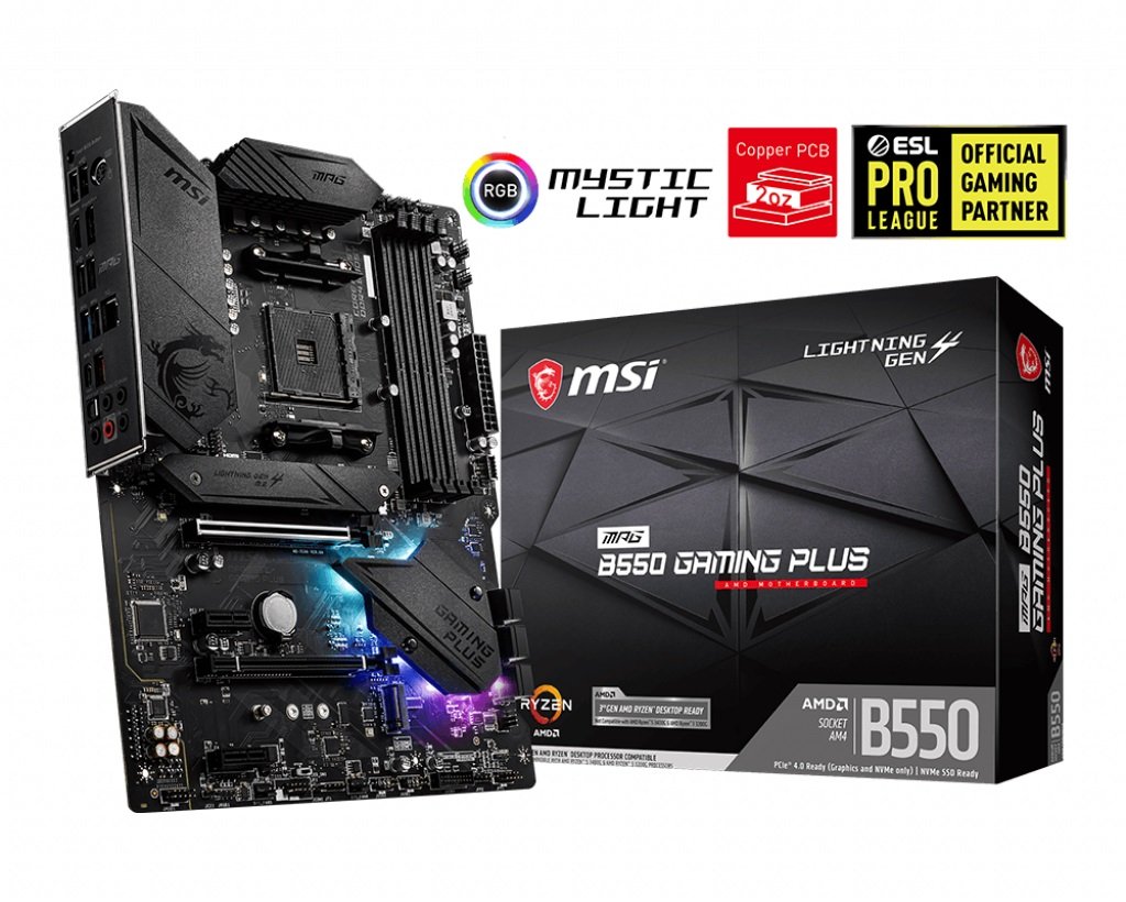 MSI MPG B550 GAMING PLUS AM4 ATX motherboard showcasing RGB lighting and multiple connectivity options.