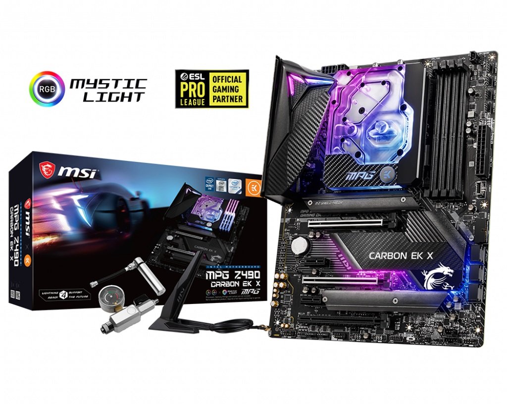 MSI MPG Z490 CARBON EK X motherboard showcasing custom EK cooling solution and carbon fiber design.