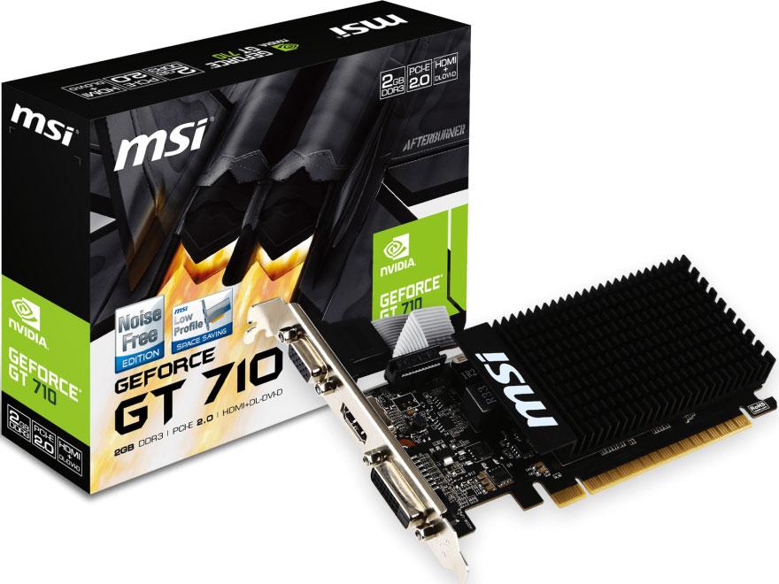 MSI nVidia Geforce GT 710 2GB Low Profile VGA Card showcasing its compact design and multiple output ports.