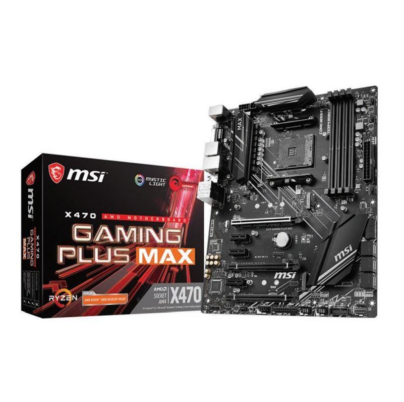 MSI X470 GAMING PLUS MAX AM4 Ryzen Motherboard with multiple PCIe slots and RGB lighting features.
