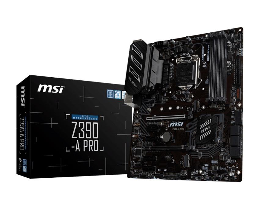 MSI Z390-A PRO ATX Motherboard showcasing its advanced features and design, including multiple ports and heatsinks.