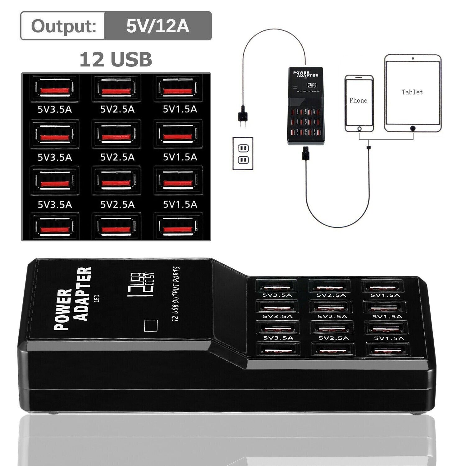 Multi 12 Port USB Charging Station Hub with multiple USB ports for charging various devices simultaneously.