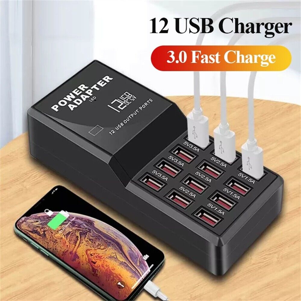 Multi 12 Port USB Charging Station Hub with multiple USB ports for charging various devices simultaneously.