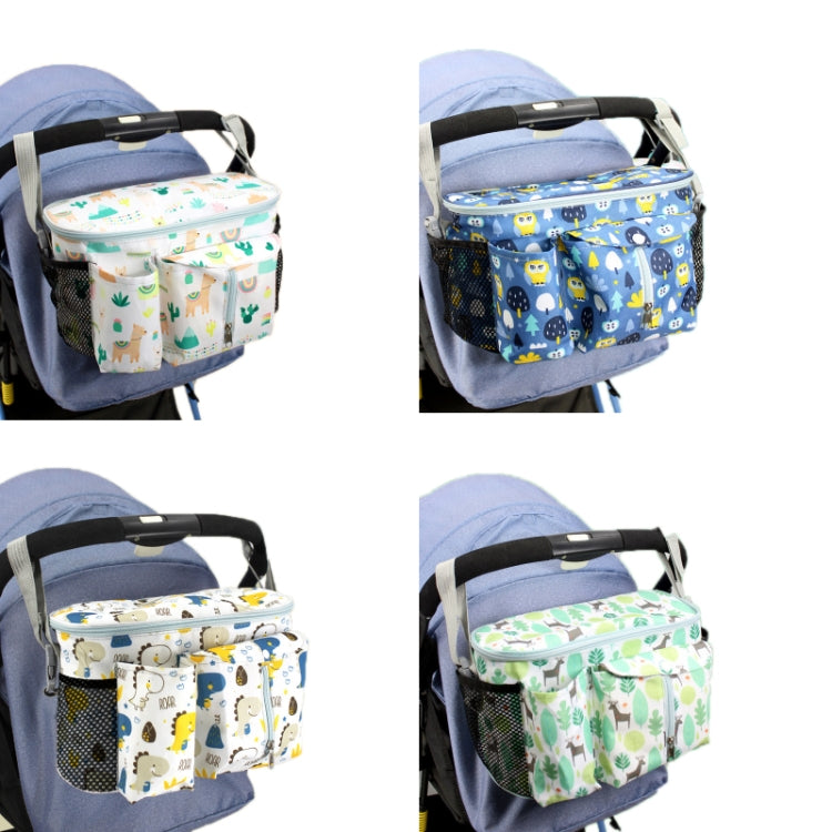 Multifunctional baby stroller storage bag in white dinosaur design, showcasing adjustable strap and spacious compartments for baby essentials.