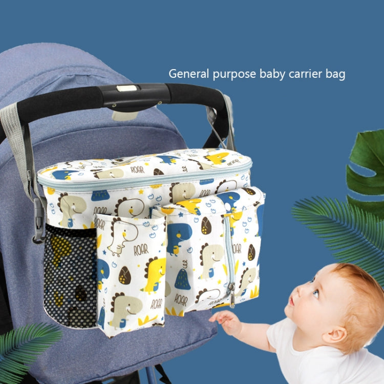 Multifunctional baby stroller storage bag in white dinosaur design, showcasing adjustable strap and spacious compartments for baby essentials.