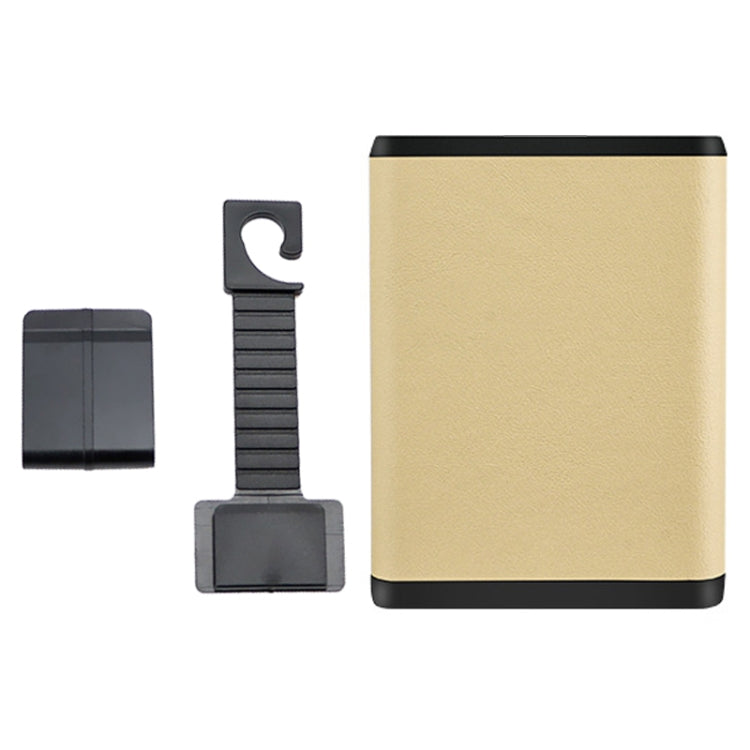 Multifunctional car dustbin hanging on a car seat, made of ABS and leather, designed for storage and waste disposal.