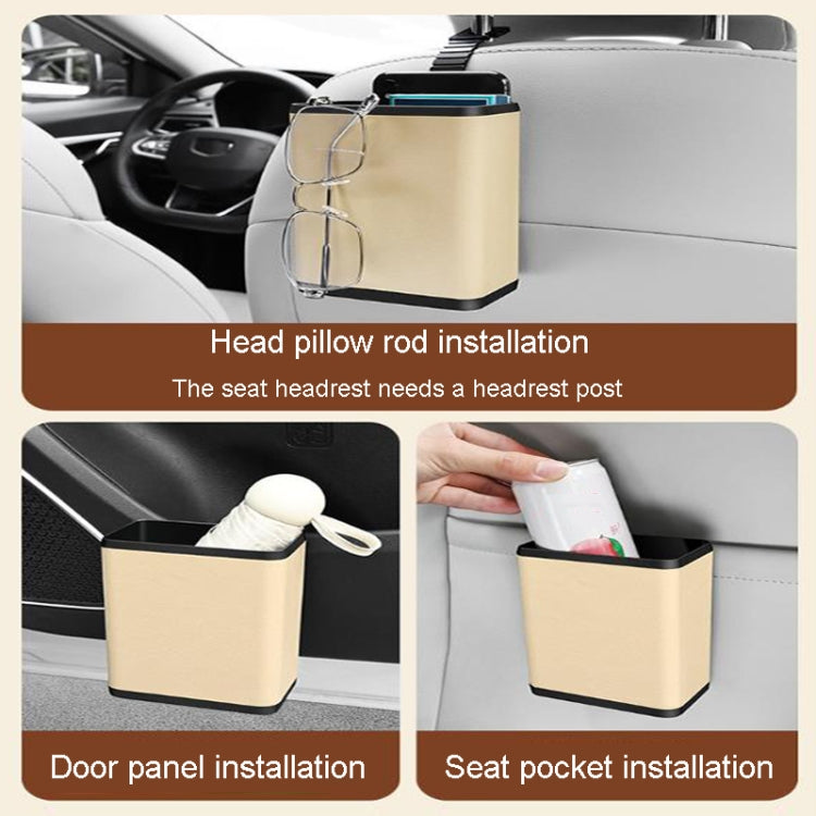 Multifunctional car dustbin hanging on a car seat, made of ABS and leather, designed for storage and waste disposal.