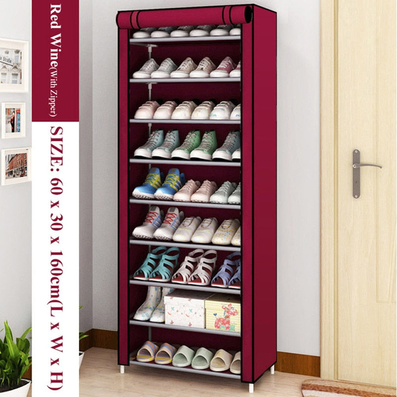 Multi-layer shoe cabinet with dustproof design, showcasing various shoe storage options in a stylish hallway setting.