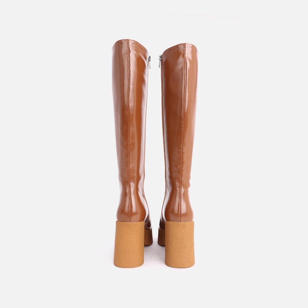 MUMANI Woman's Modern Boots in genuine leather with a square heel and zip closure, showcasing a stylish knee-high design.