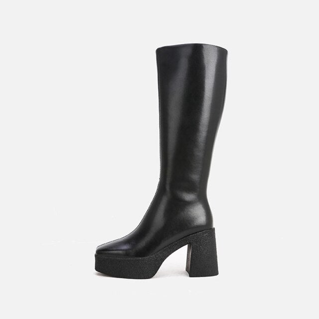MUMANI Woman's Modern Boots in genuine leather with a square heel and zip closure, showcasing a stylish knee-high design.