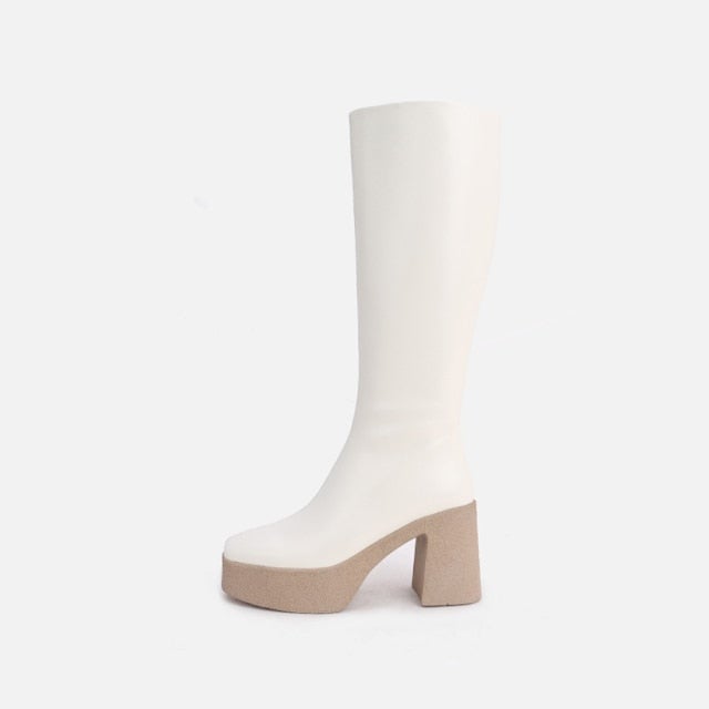 MUMANI Woman's Modern Boots in genuine leather with a square heel and zip closure, showcasing a stylish knee-high design.