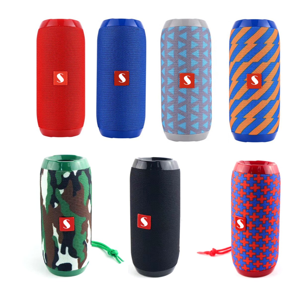 Music Manager Bluetooth Speaker and Subwoofer in various stylish prints, showcasing its portable design and built-in subwoofer.