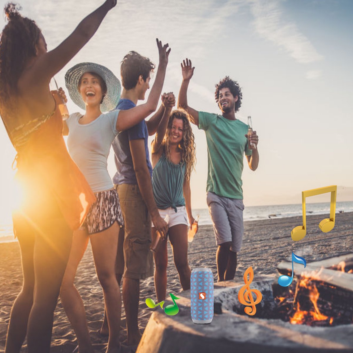 Music Manager Bluetooth Speaker and Subwoofer in various stylish prints, showcasing its portable design and built-in subwoofer.