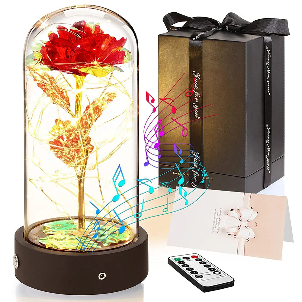 Beauty and The Beast Rose Music Box with LED lights in a glass dome, symbolizing eternal love and romance.
