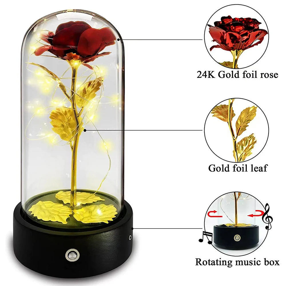 Beauty and The Beast Rose Music Box with LED lights in a glass dome, symbolizing eternal love and romance.