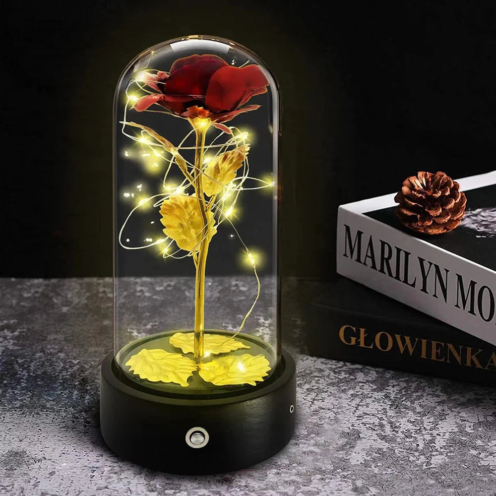 Beauty and The Beast Rose Music Box with LED lights in a glass dome, symbolizing eternal love and romance.