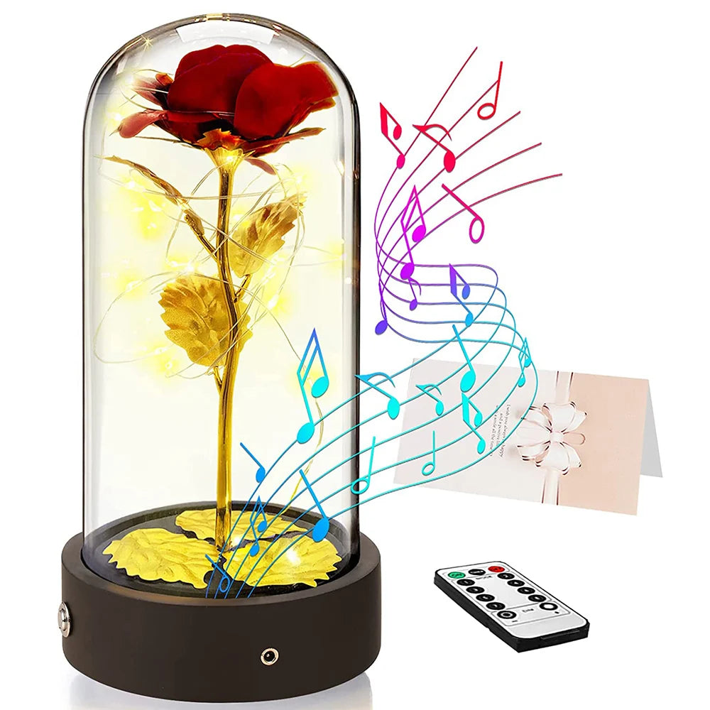 Beauty and The Beast Rose Music Box with LED lights in a glass dome, symbolizing eternal love and romance.