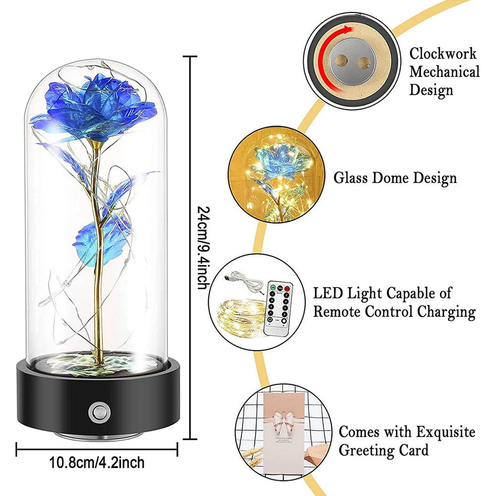 Beauty and The Beast Rose Music Box with LED lights in a glass dome, symbolizing eternal love and romance.