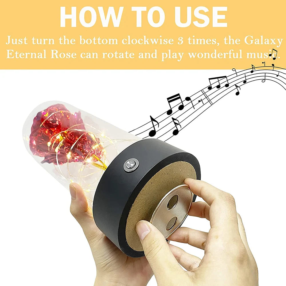 Beauty and The Beast Rose Music Box with LED lights in a glass dome, symbolizing eternal love and romance.