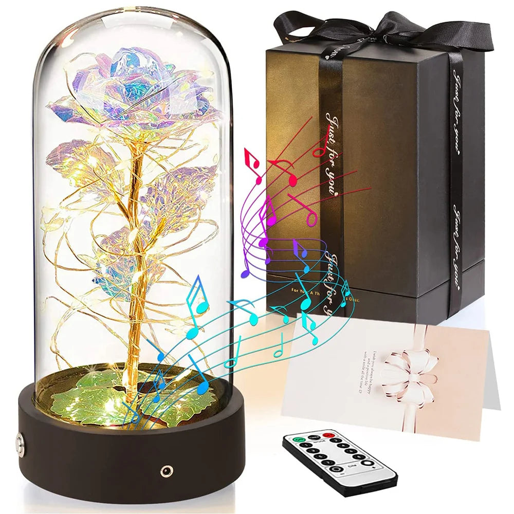 Beauty and The Beast Rose Music Box with LED lights in a glass dome, symbolizing eternal love and romance.